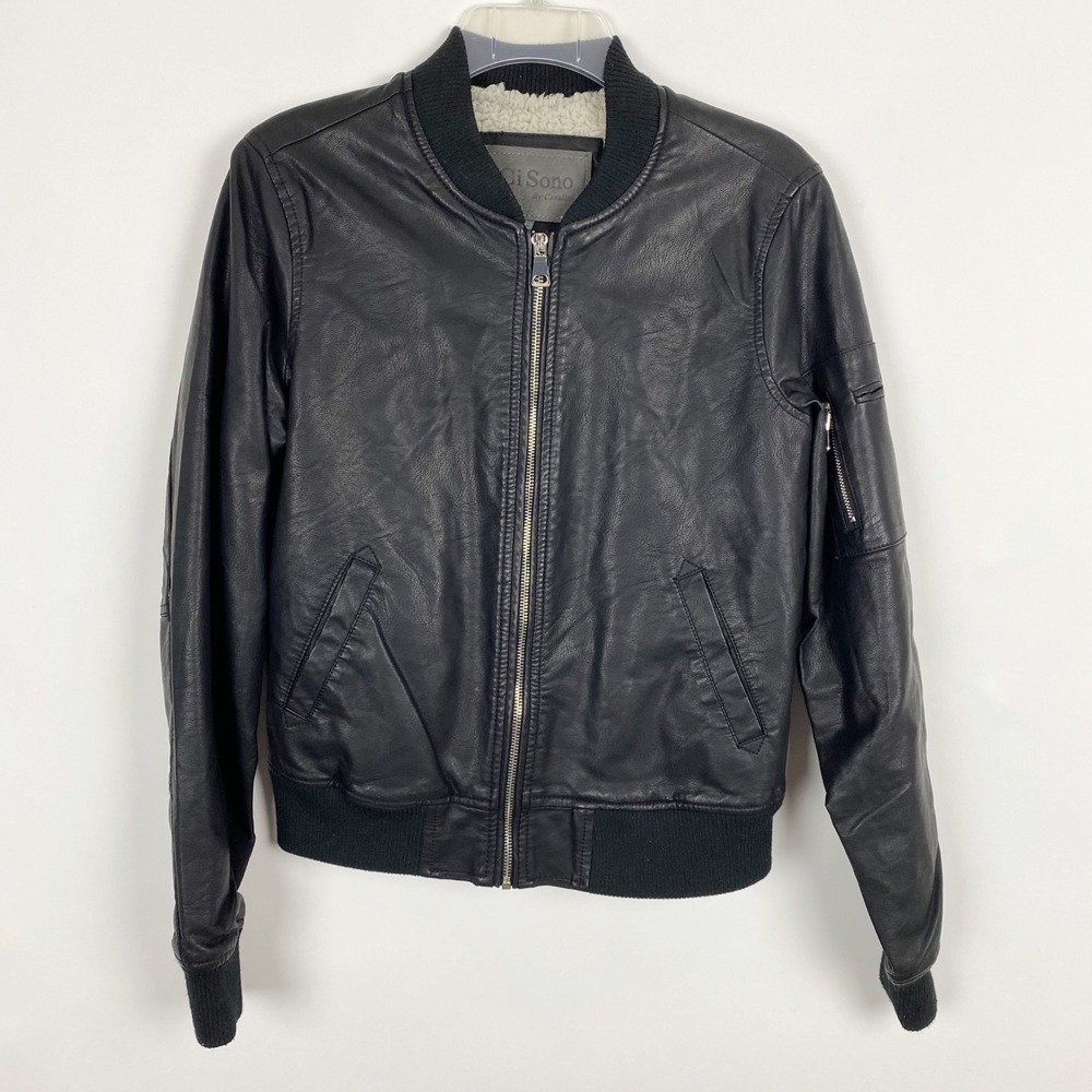 Ci Sono Faux Leather Sherpa Lined Bomber Moto Utility Jacket Womens Medium Black